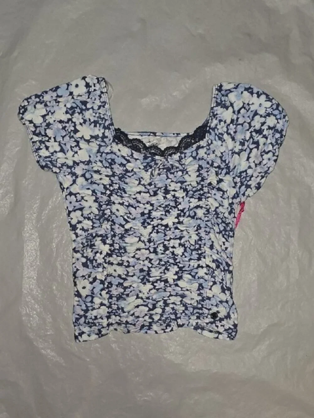 Justice Girls Med 10 Navy, White Floral Short Puff Sleeves Ruched Crop Top New